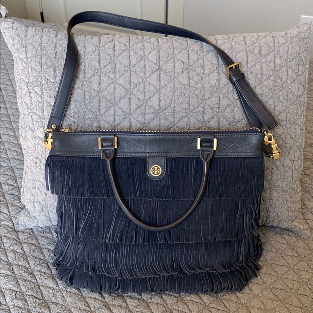Tory Burch navy suede fringe bag